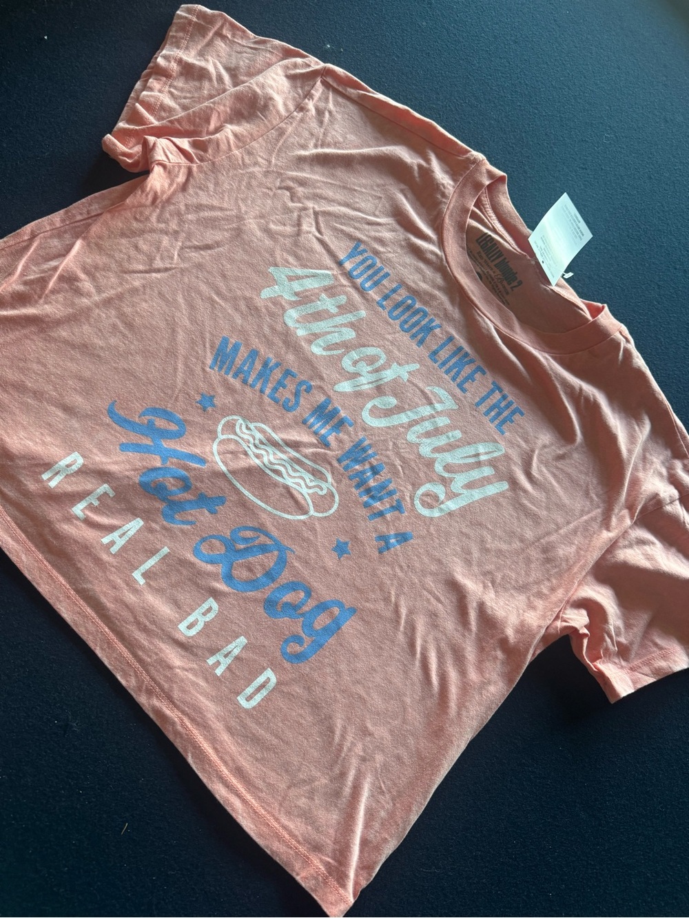 RED WHITE &BLONDE🌭4th of July Hot Dog Tee in soft pink with Blue & White Print🇺🇸